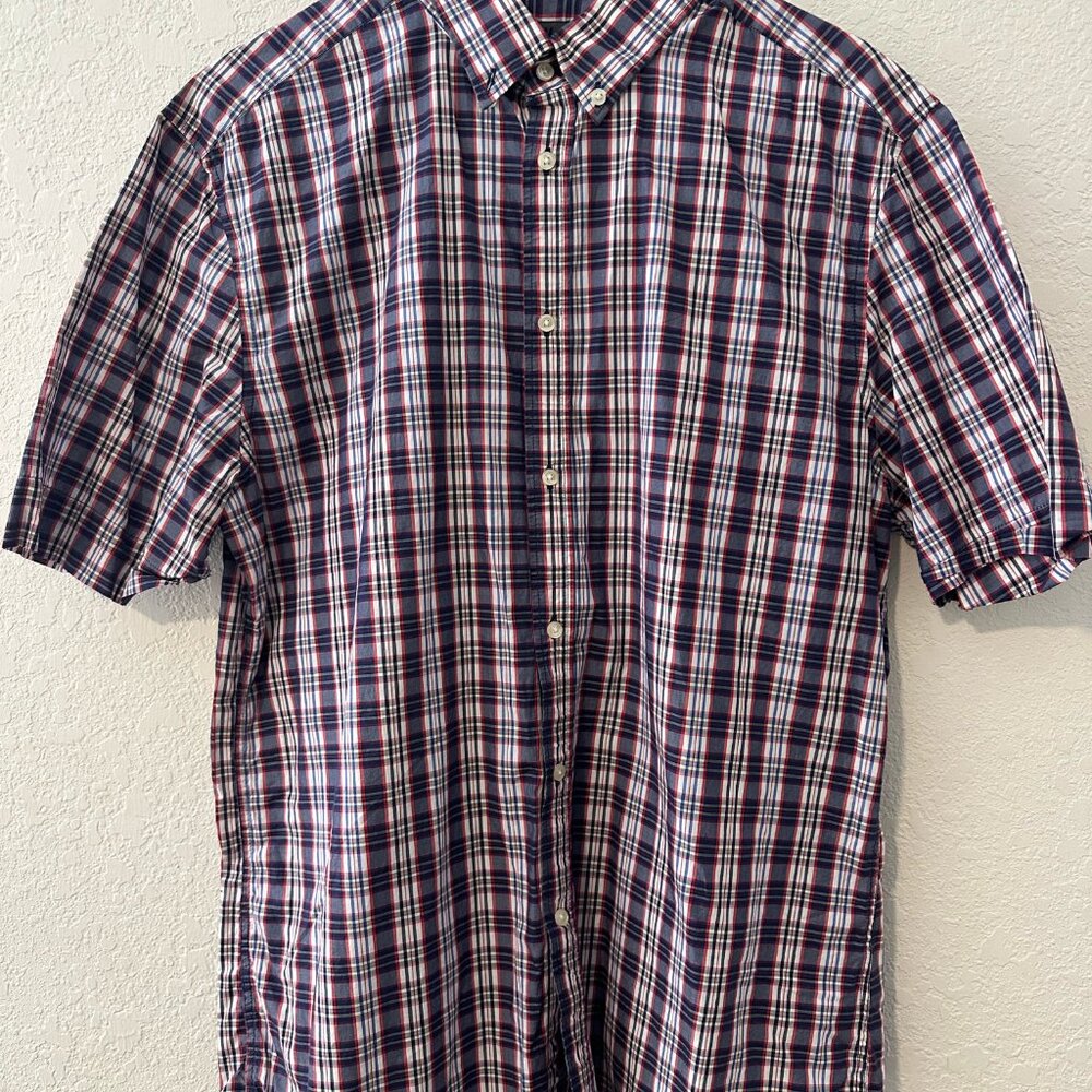 H&M Red White & Blue Plaid Print Short Sleeve Button Down Shirt - L